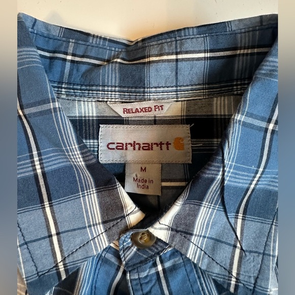 Carhartt Men’s Medium Blue Plaid Short Sleeve Button Up Shirt Cotton Pocket Work - Picture 4 of 8